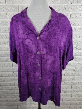 CM Shapes Women 2X Purple Embroidered Button Up Top Shirt Rayon PUR57E